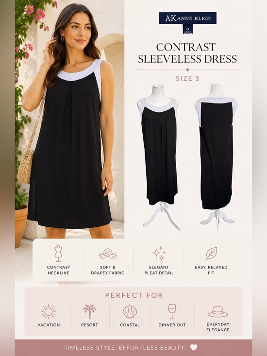 Anne Klein Other - AK Anne Klein Shift Dress S Black White Sleeveless Pleated Stretch Career Resort